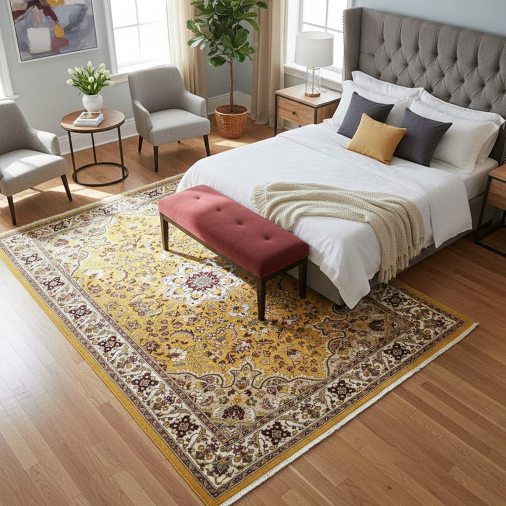 Traditional Golden Yellow & Aubergine Area Rug